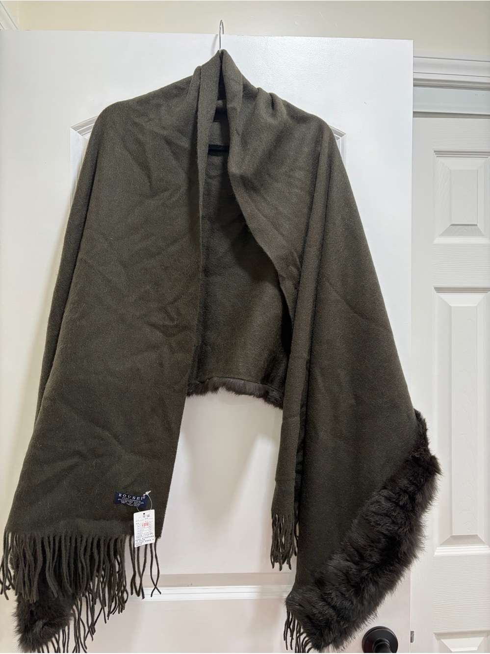 KOUSEI Inner Mongolia Wool & Cashmere Wrap Shawl Cape with Fur Trim - Olive